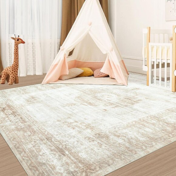 New 6x9 Beige Vintage Area Rug, Washable Boho Moroccan Non-Slip Carpet for Home - Picture 4 of 9